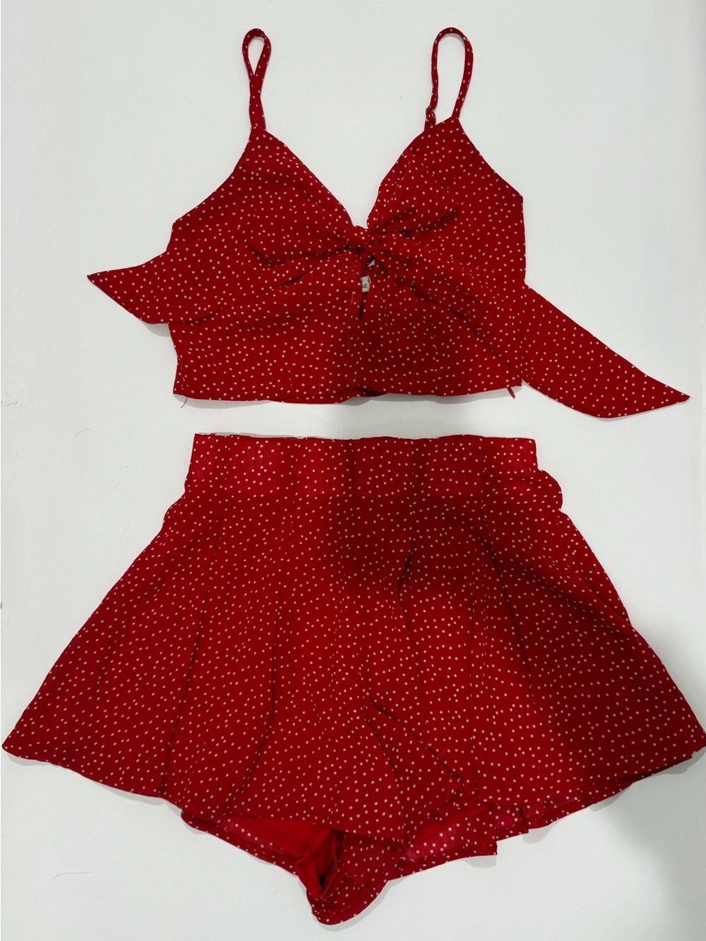 Red Polka Dot Tie-Front Crop Top & High-Waist Shorts Set